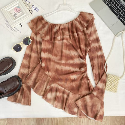 Tie-Dye Ruffled Mesh Top with Flared Cuffs