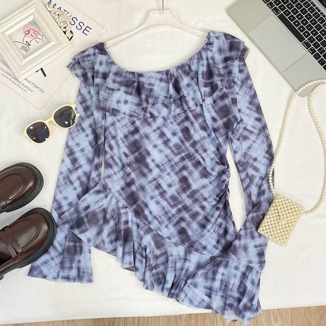 Tie-Dye Ruffled Mesh Top with Flared Cuffs