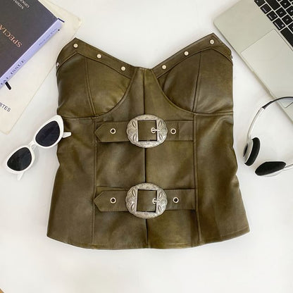 Faux Leather Studded Buckled Tube Top
