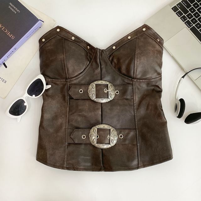 Faux Leather Studded Buckled Tube Top