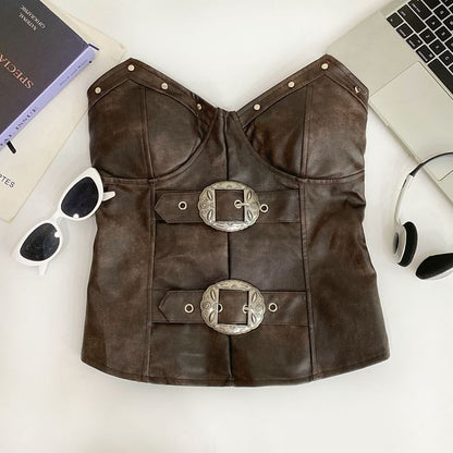 Faux Leather Studded Buckled Tube Top