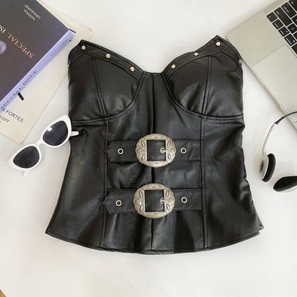 Faux Leather Studded Buckled Tube Top
