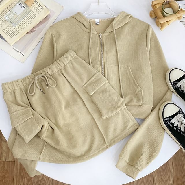 Solid Cropped Zip Hoodie and High-Rise Cargo Mini Skirt Set