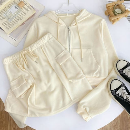 Solid Cropped Zip Hoodie and High-Rise Cargo Mini Skirt Set