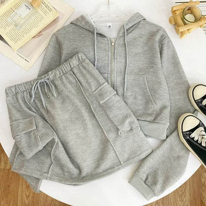 Solid Cropped Zip Hoodie and High-Rise Cargo Mini Skirt Set