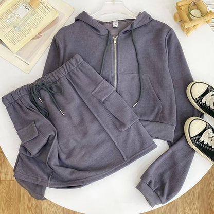 Solid Cropped Zip Hoodie and High-Rise Cargo Mini Skirt Set