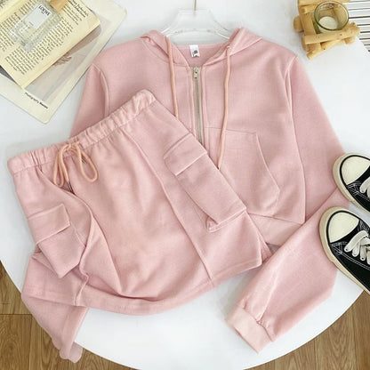Solid Cropped Zip Hoodie and High-Rise Cargo Mini Skirt Set