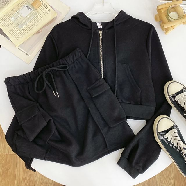 Solid Cropped Zip Hoodie and High-Rise Cargo Mini Skirt Set