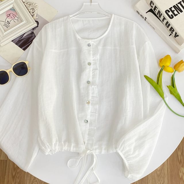 Drawstring Button-Up Blouse with Ruffled Puff Sleeves