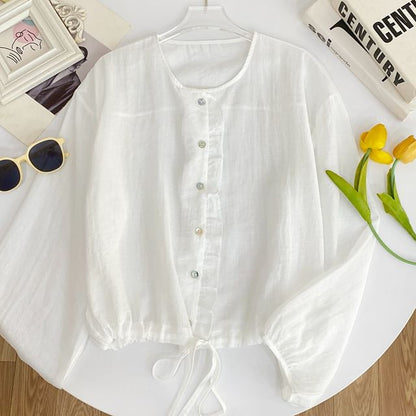 Drawstring Button-Up Blouse with Ruffled Puff Sleeves