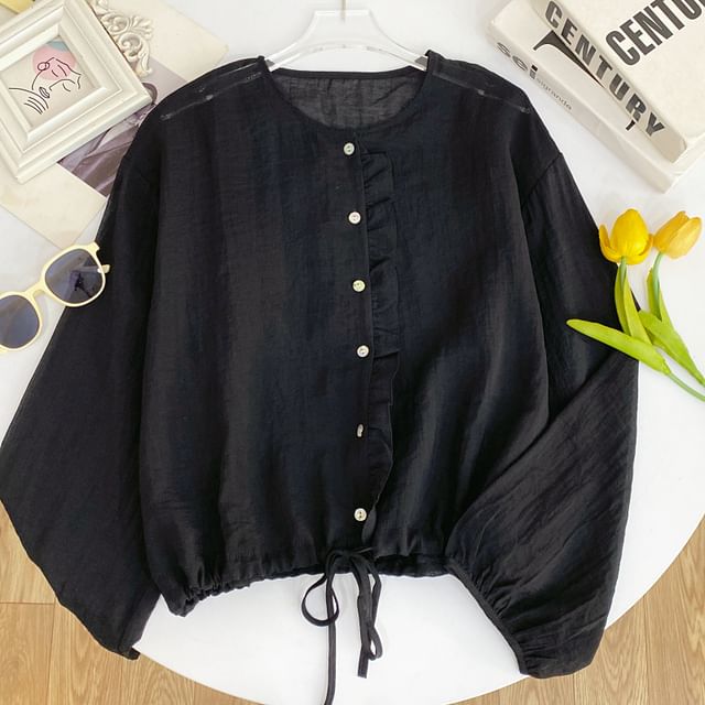 Drawstring Button-Up Blouse with Ruffled Puff Sleeves