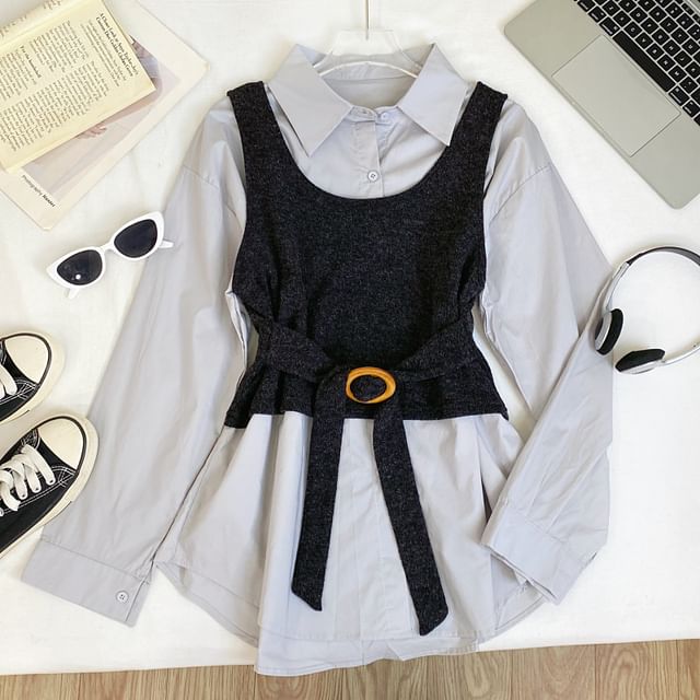 Long-Sleeve Solid Button-Up Shirt and Buckled Tank Top Set