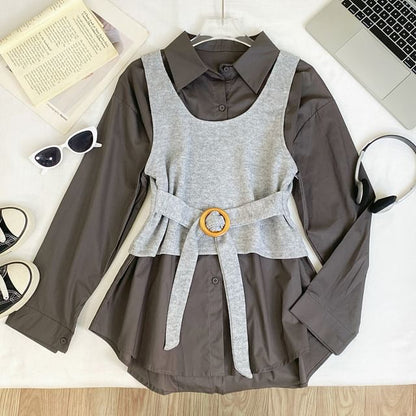 Long-Sleeve Solid Button-Up Shirt and Buckled Tank Top Set