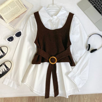 Long-Sleeve Solid Button-Up Shirt and Buckled Tank Top Set