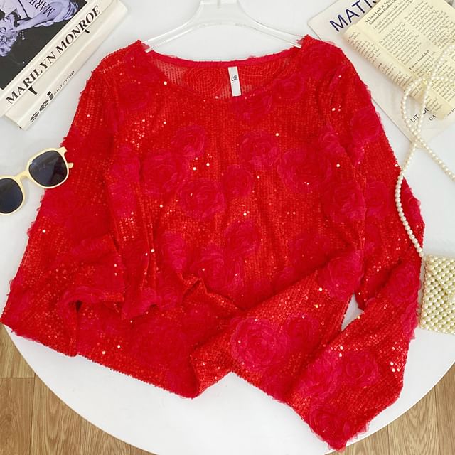 Crew-Neck Sequined Long-Sleeve Blouse