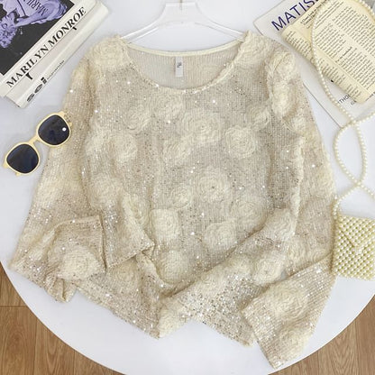 Crew-Neck Sequined Long-Sleeve Blouse
