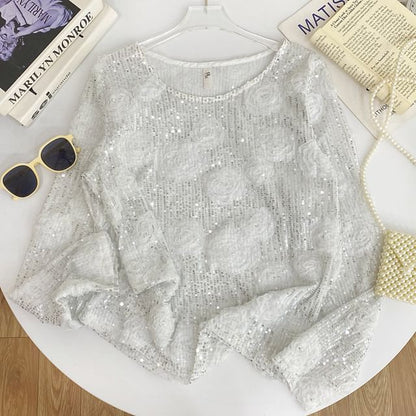 Crew-Neck Sequined Long-Sleeve Blouse