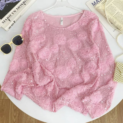 Crew-Neck Sequined Long-Sleeve Blouse