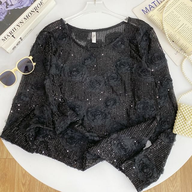 Crew-Neck Sequined Long-Sleeve Blouse