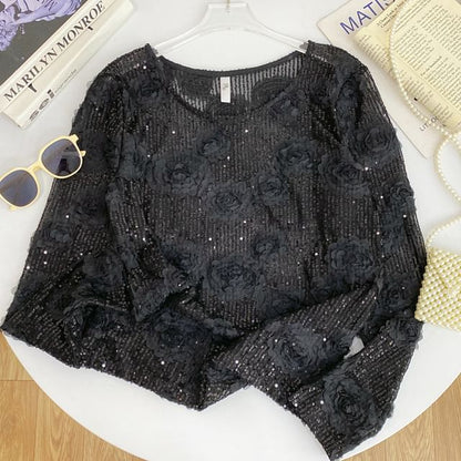 Crew-Neck Sequined Long-Sleeve Blouse