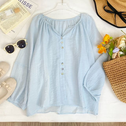 V-Neck Button-Up Blouse with Puff Sleeves