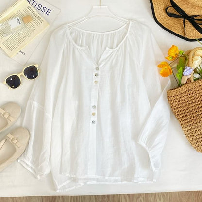 V-Neck Button-Up Blouse with Puff Sleeves