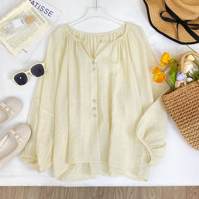 V-Neck Button-Up Blouse with Puff Sleeves
