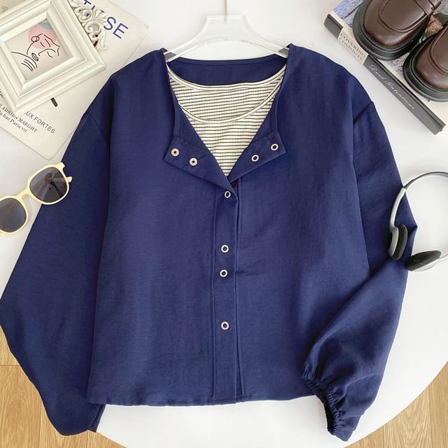Striped Tank Top and Puff-Sleeve Solid Button-Up Blouse Set