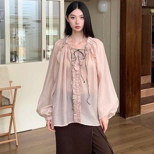 Puff-Sleeve Solid Lace-Up Blouse with Ruffled Details