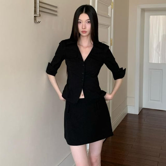 Solid Button-Up Shirt and Low-Waist Pencil Mini Skirt