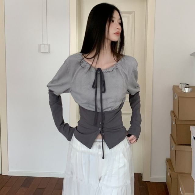 Mock Two-Piece Two-Tone Drawstring Slit T-Shirt with Puff Sleeves