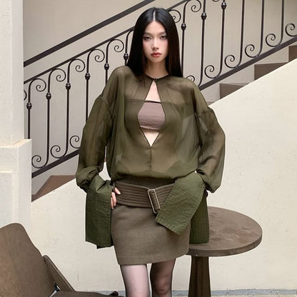 Bandeau with High-Waist Pencil Skirt and Cutout Puff-Sleeve Blouse Set