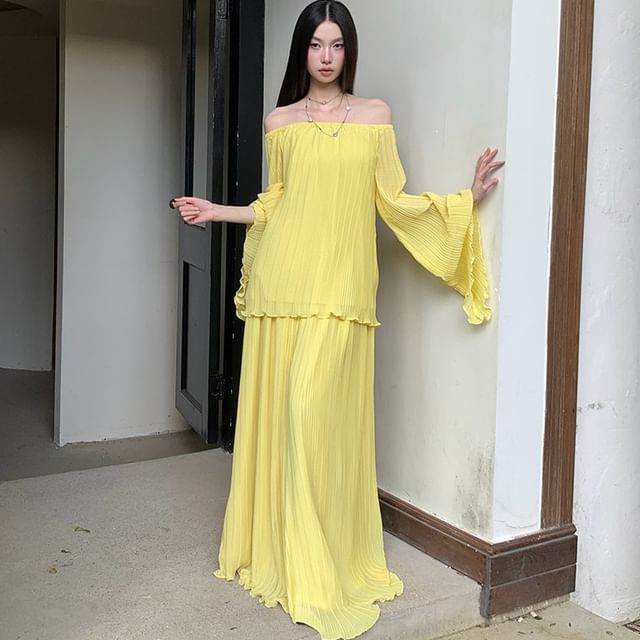 Off-Shoulder Flared-Cuff Solid Blouse and High-Waist Maxi Skirt