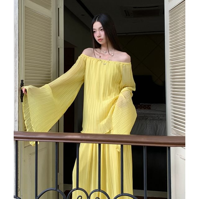 Off-Shoulder Flared-Cuff Solid Blouse and High-Waist Maxi Skirt