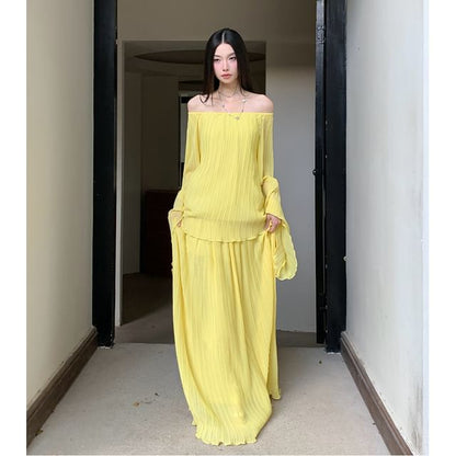 Off-Shoulder Flared-Cuff Solid Blouse and High-Waist Maxi Skirt
