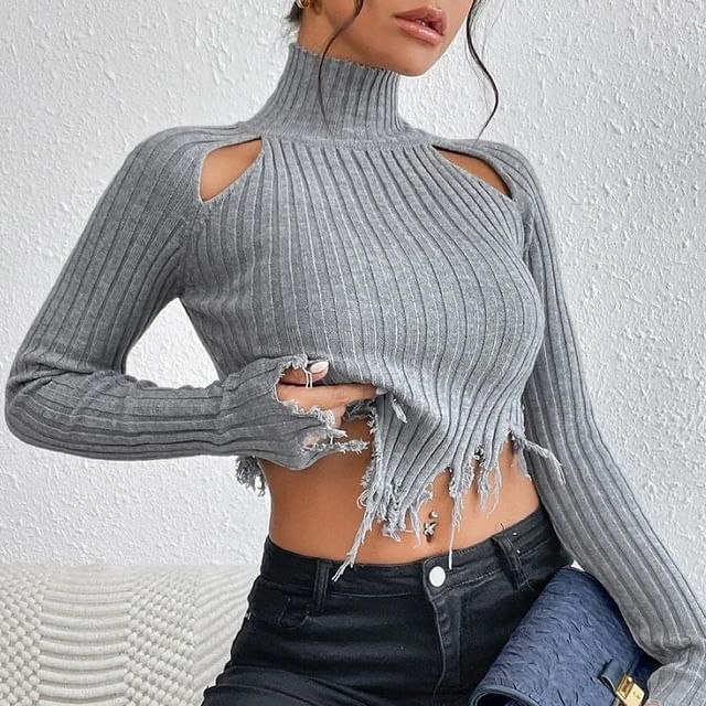 Turtleneck Distressed Solid Cropped Long-Sleeve Knit Top