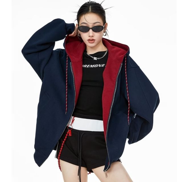 Two-Tone Zip-Up Hooded Sweatshirt
