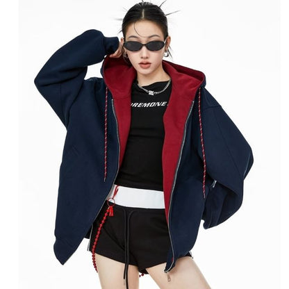 Two-Tone Zip-Up Hooded Sweatshirt