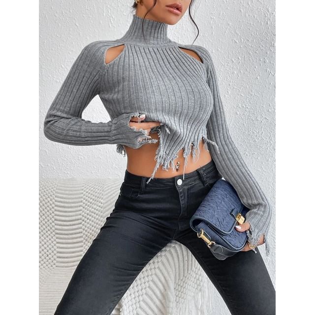 Turtleneck Distressed Solid Cropped Long-Sleeve Knit Top