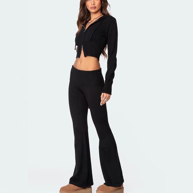 Long-Sleeve Crop Top and Low-Rise Flared Pants Set