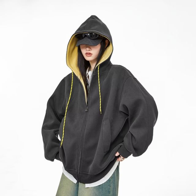 Two-Tone Zip-Up Hooded Sweatshirt