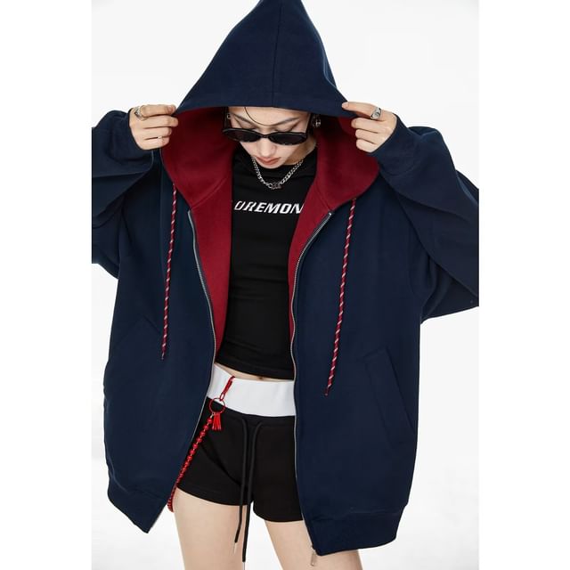 Two-Tone Zip-Up Hooded Sweatshirt