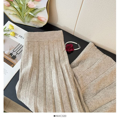 Ribbed Knit Maxi A-Line Skirt with High Waist