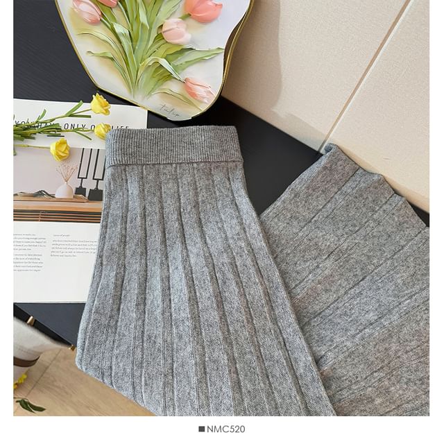 Ribbed Knit Maxi A-Line Skirt with High Waist