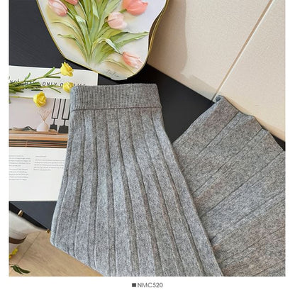 Ribbed Knit Maxi A-Line Skirt with High Waist