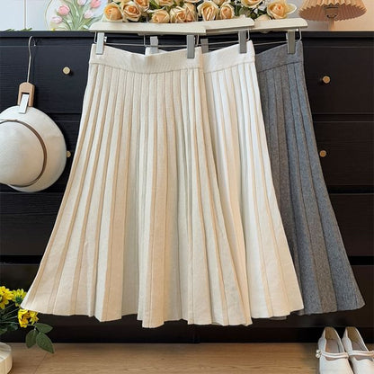 Ribbed Knit Maxi A-Line Skirt with High Waist
