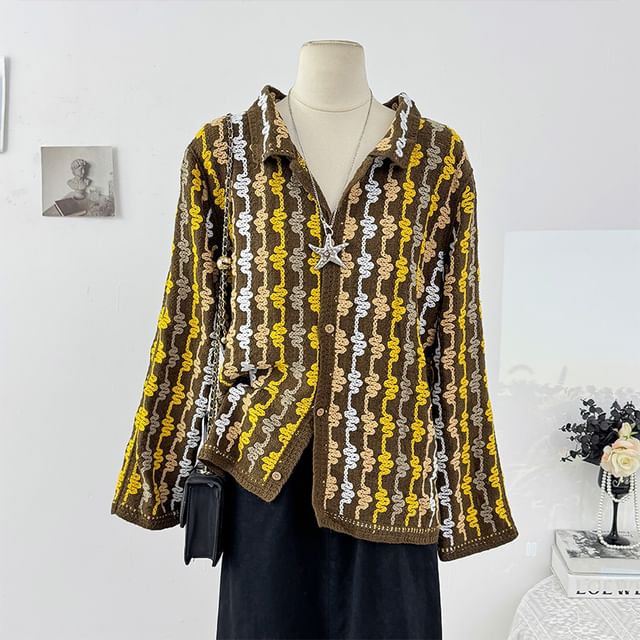 Long Sleeve V-Neck Crochet Knit Loose-Fit Cardigan