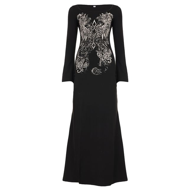 Long Sleeve Crew Neck Graphic Print Slit Maxi Dress