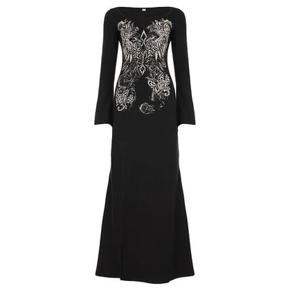 Long Sleeve Crew Neck Graphic Print Slit Maxi Dress
