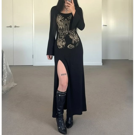 Long Sleeve Crew Neck Graphic Print Slit Maxi Dress